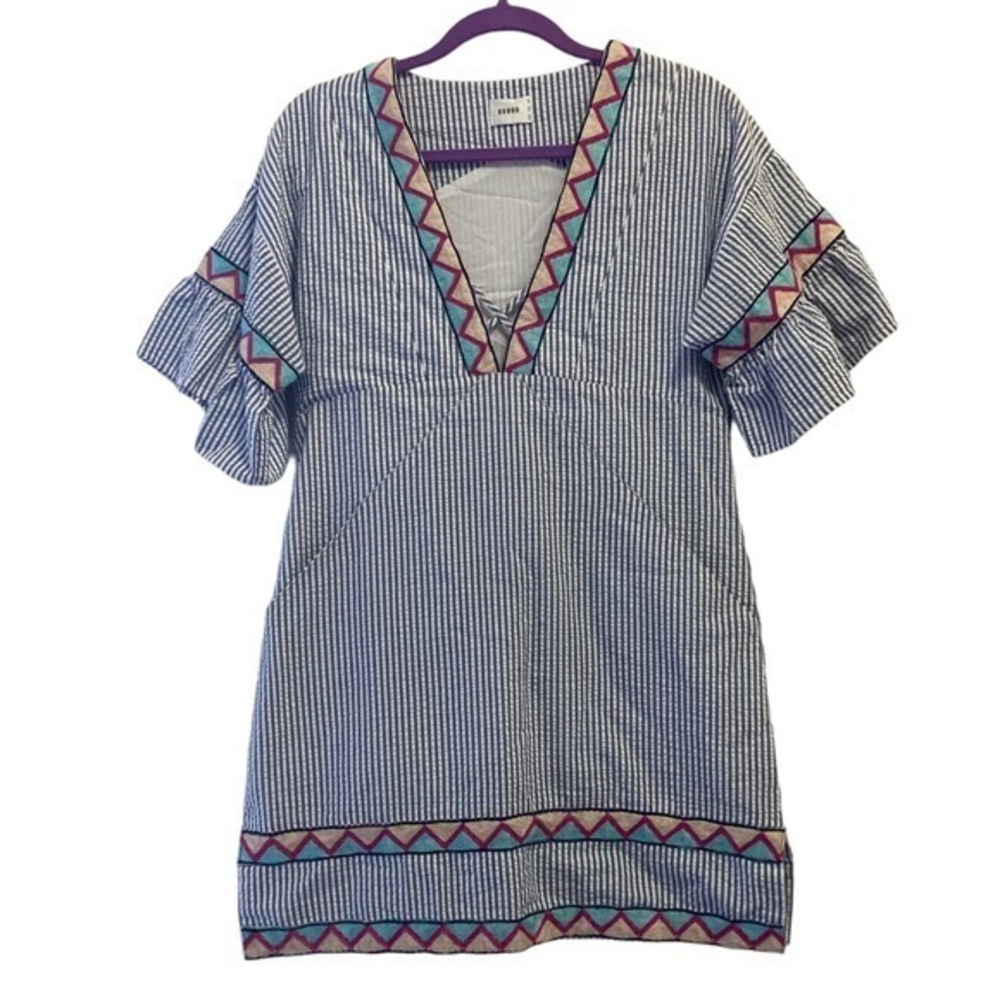 Suboo Maya Embroidered Striped Mini Dress Blue White Cotton Size 4